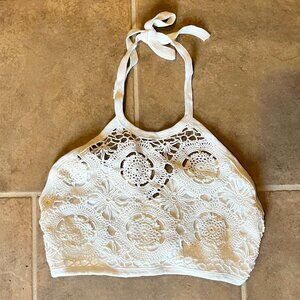 Ever Blue White Y2K Cropped Crochet Halter Top Large